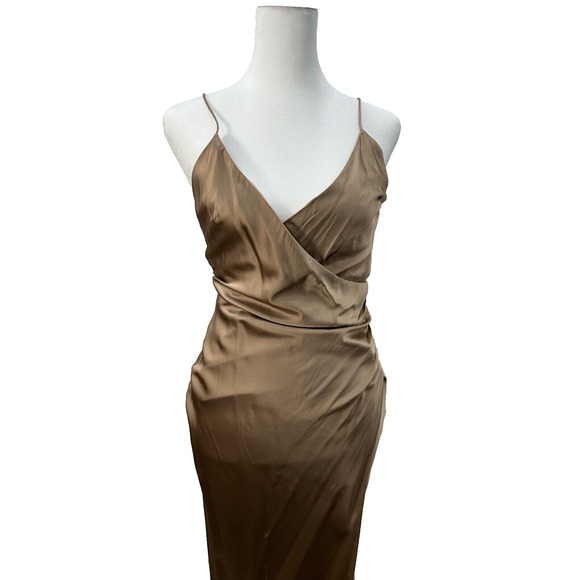 SER.O.YA Womens Size XS Emma Dress Brown Silk Ruched High Slit Strappy Back NWT - Picture 4 of 13